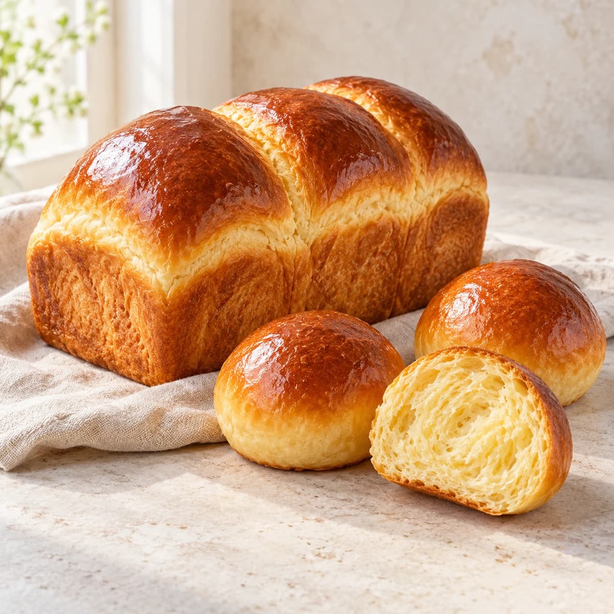A glossy golden brioche loaf and soft brioche rolls