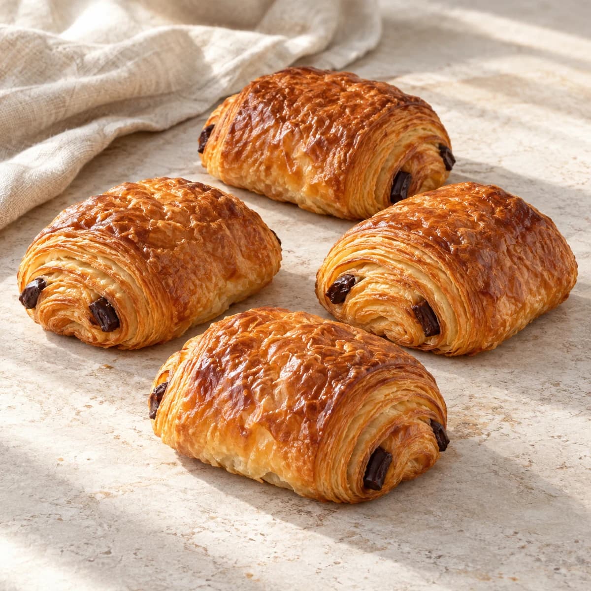 Golden pain au chocolat with delicate pastry layers