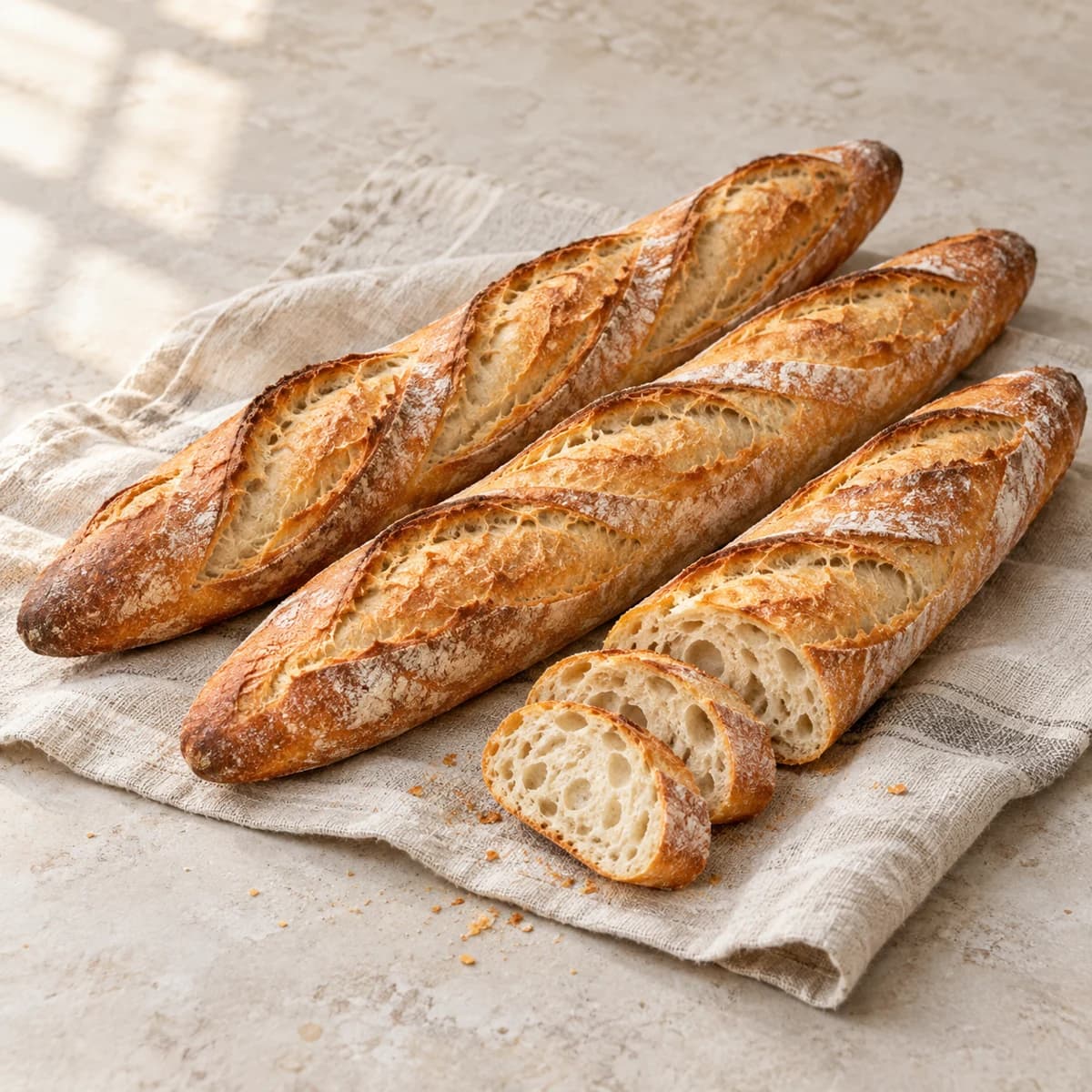 Crisp golden French loaves with a sliced open crumb