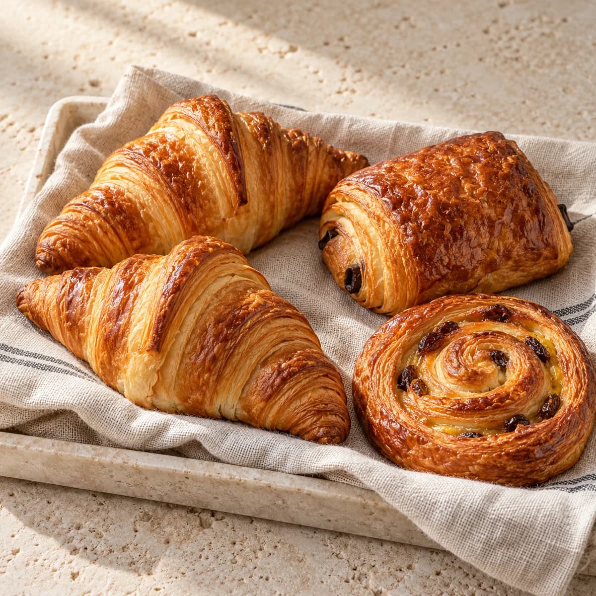 A mixed tray of croissants, chocolate pastries, and spiral pastries